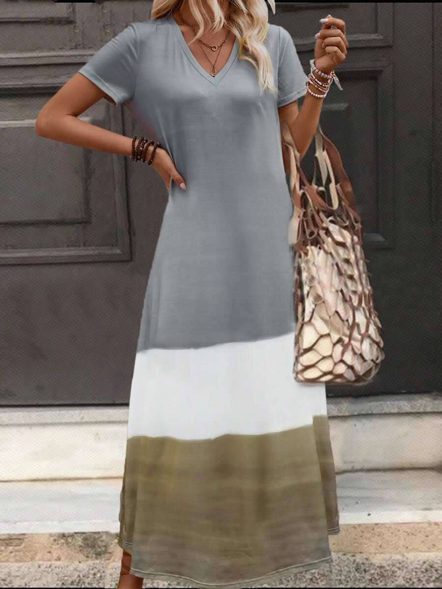 SHEIN LUNE Robe à manches courtes pour femmes à blocs de couleurs à la mode