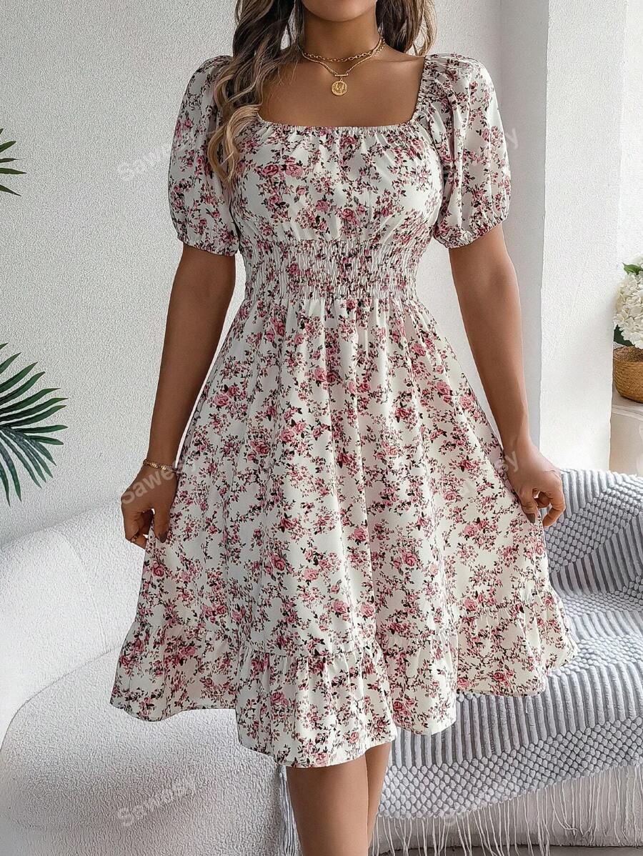 Women's Casual Vacation Puff Sleeve Drawstring Short Sleeve Ditsy Floral Dress, Spring/Summer