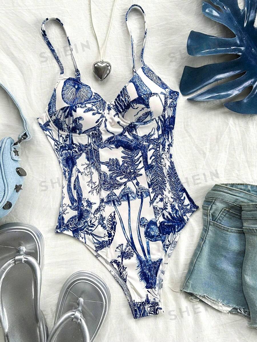 Soleia Body vintage para mujer en estilo informal y romántico con estampado floral azul y blanco y estilo sin espalda en forma de copa, ideal para vacaciones