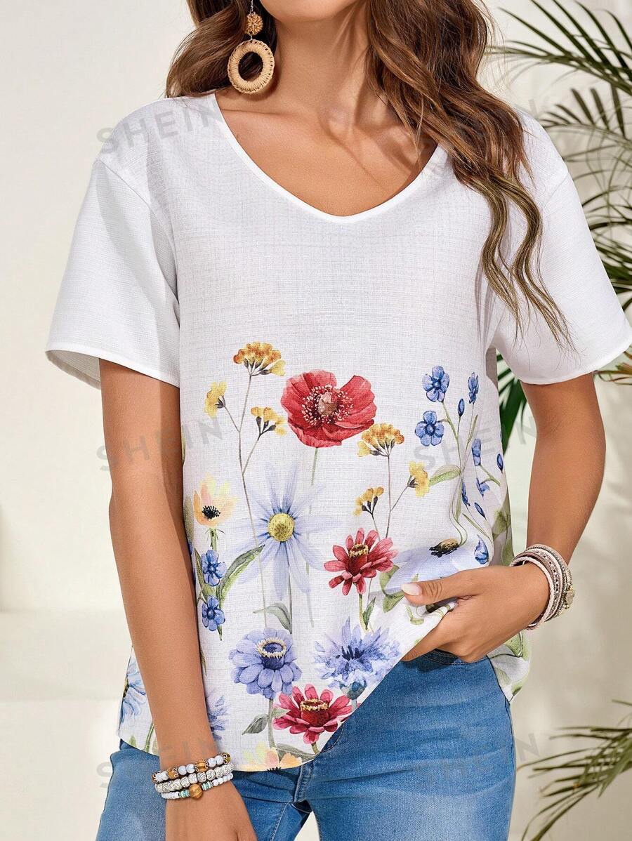 EMERY ROSE Camisa casual de verano para mujer con manga corta y estampado floral