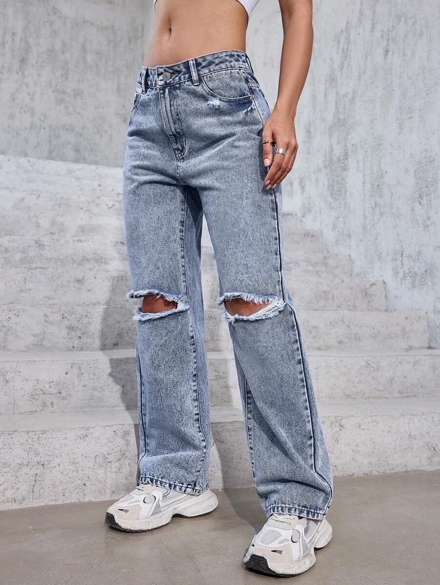 SHEIN PETITE Jeans rasgados de unicolor y sencillos para mujer para uso diario