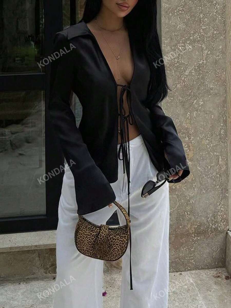 Chemise satin moulante de couleur unie avec nœud, look Y2K sexy pour femme au printemps/été. Tenue de remise des diplômes