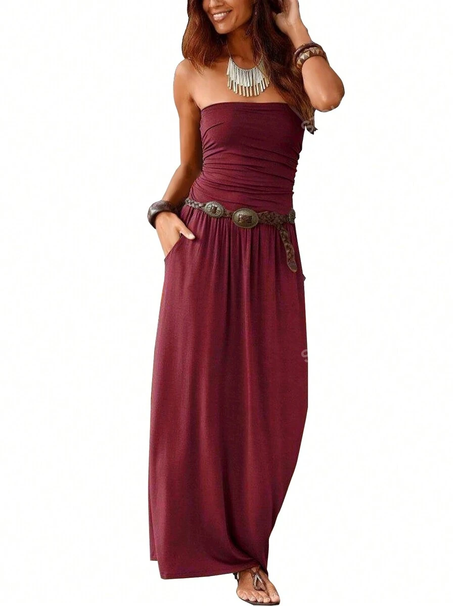 Women's Solid Color Strapless Cold Shoulder Loose Midi Dress