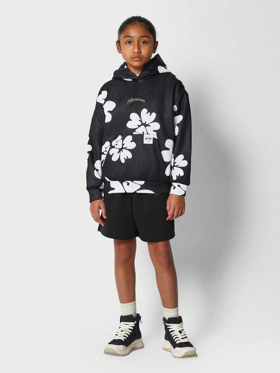 SUMWON Sumwon Sweatshirt Floral Pattern Hoodie Long Sleeve Cozy Kangaroo Pocket All Over Print Winter Autumn Spring Everyday Casual Streetwear Youth