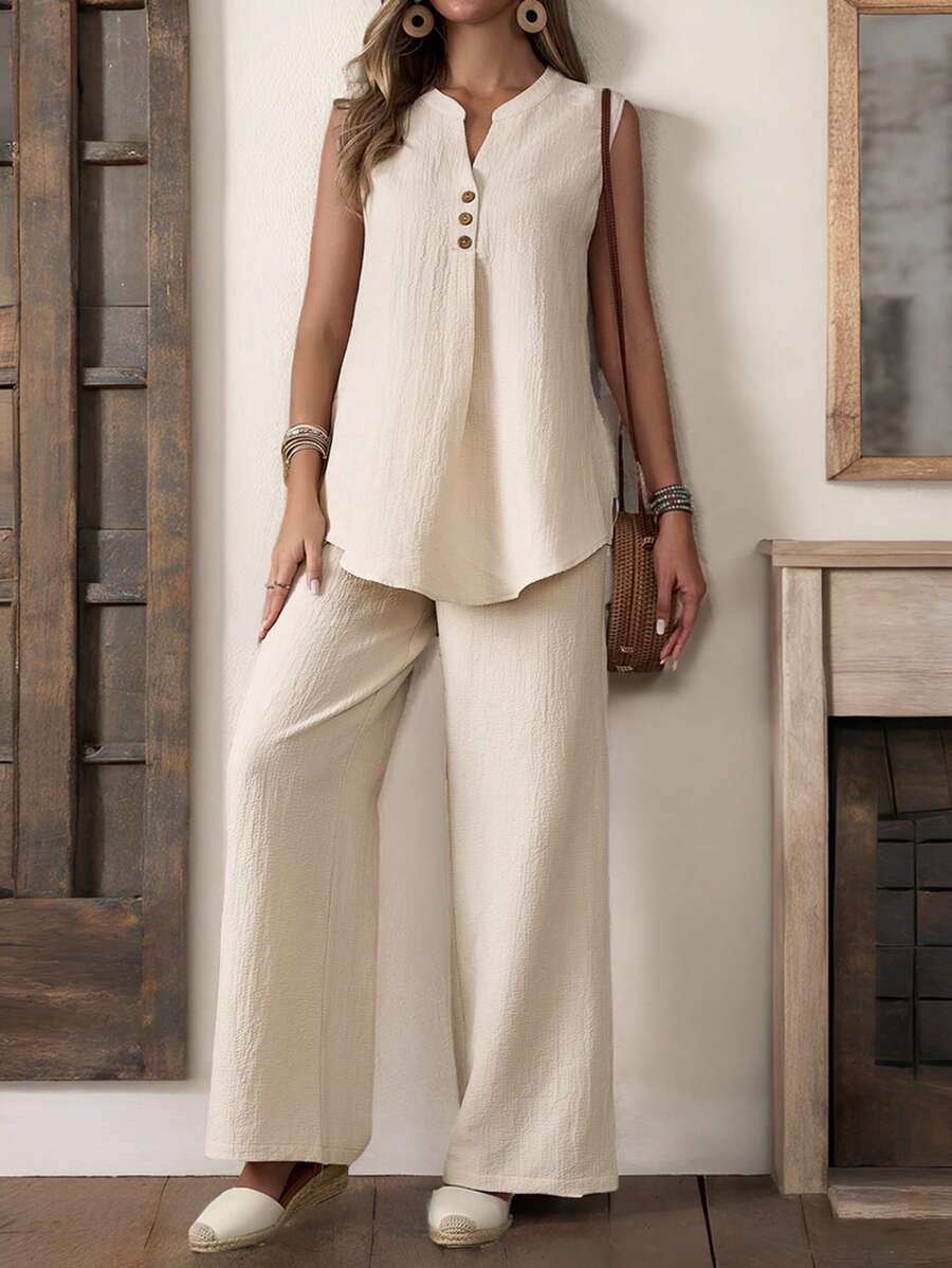 EMERY ROSE Set di canotta senza maniche in tessuto a trama e pantaloni a gamba larga con design a fessura con bottoni per donne