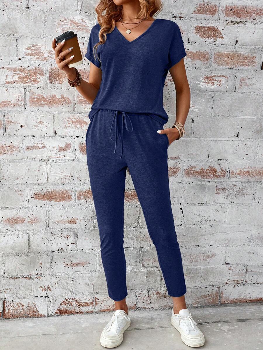 SHEIN LUNE Casual V-Neck Batwing Sleeve Summer Top And Pants Set For Women, Summer