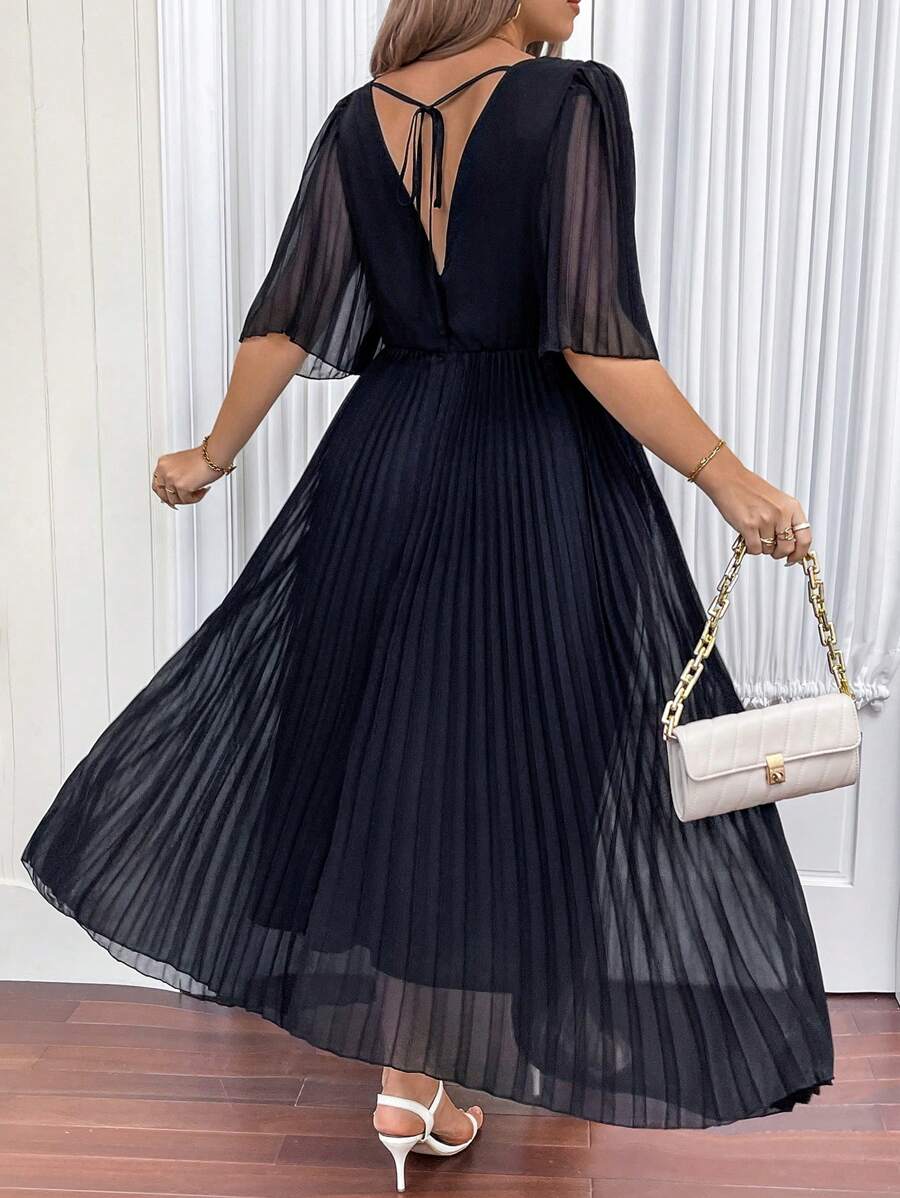 Celure Plus Size Women's Elegant Deep V-Neck Ruffle Short Sleeve Long Pleated Dress With Flowy Hem, Summer