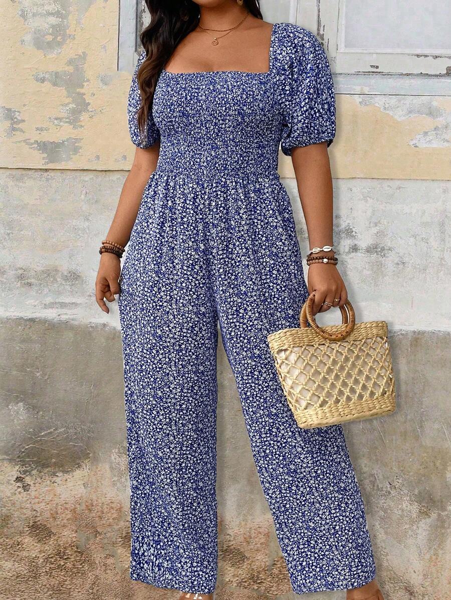 Breezaya Fashionable Plus Size Women's Boho Square Neck Floral Jumpsuit With Wide-Leg Design, For Summer