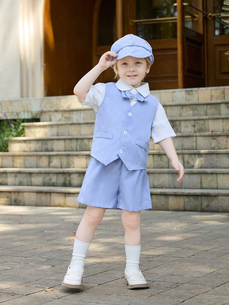SHEIN Camicia bianca a maniche corte per bambini e gilet blu, vestito estivo a pantaloncini con elastico in vita blu, stile da gentleman, adatto per feste di compleanno, feste serali, spettacoli, matrimoni, battesimi e primi compleanni