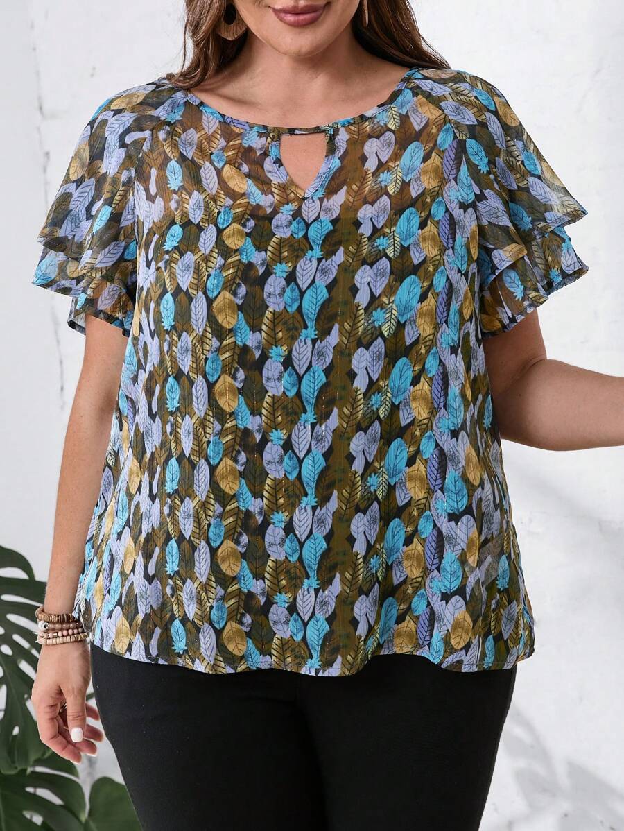 EMERY ROSE Plus Size Women'S Keyhole Neckline Butterfly Sleeve With All-Over Leaf Print Flower Shirt For Summer
