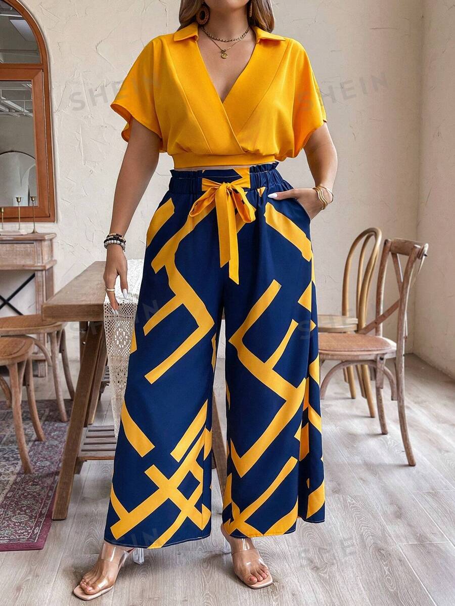 SHEIN LUNE Conjunto casual de 2 piezas para mujeres de talla grande en verano con top corto de manga murciélago y pantalones de pierna ancha a cuadros