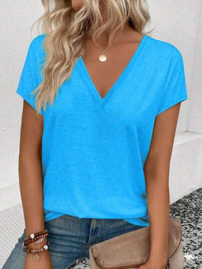 EMERY ROSE Women's Simple Solid Color V-Neck Short Sleeve Camisole