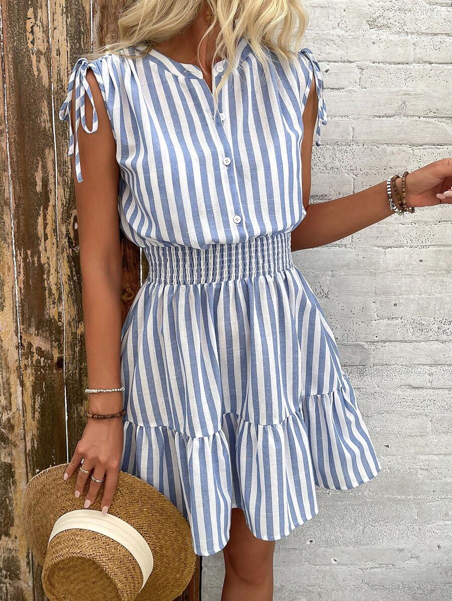 Calvaya Vestito estivo in cotone con volant sulle spalle, fiocco, vita stretta e righe blu e bianche