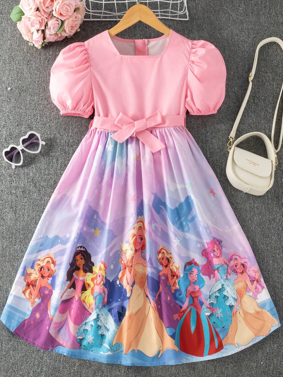 Tween Girl Casual Cute Princess Pattern Printed Dress