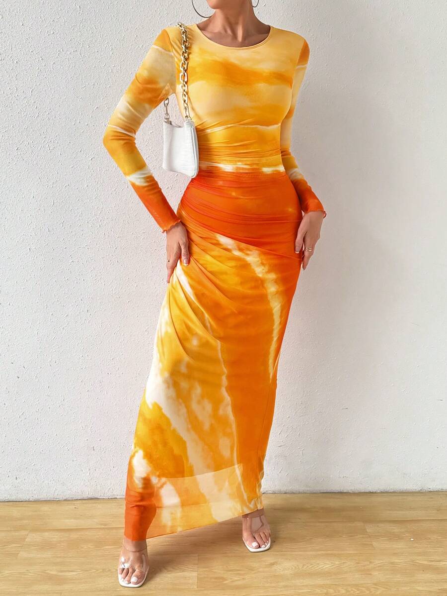 Calvaya Vestido largo de manga larga con cuello redondo, ajustado, con costados fruncidos y efecto tie-dye para mujer, atuendo de fiesta y celebración de Año Nuevo