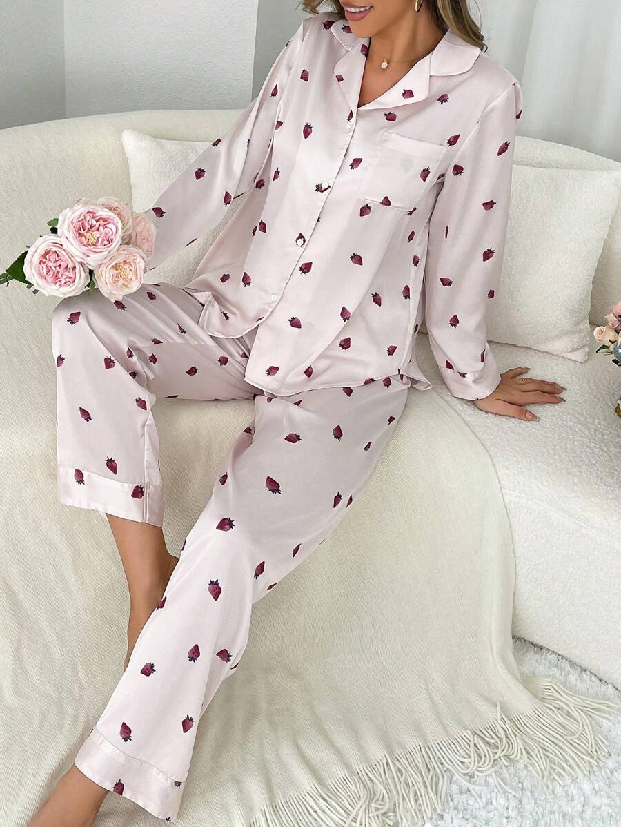 Women's Strawberry Allover Print Long Sleeve Pajama Set With Long Pants