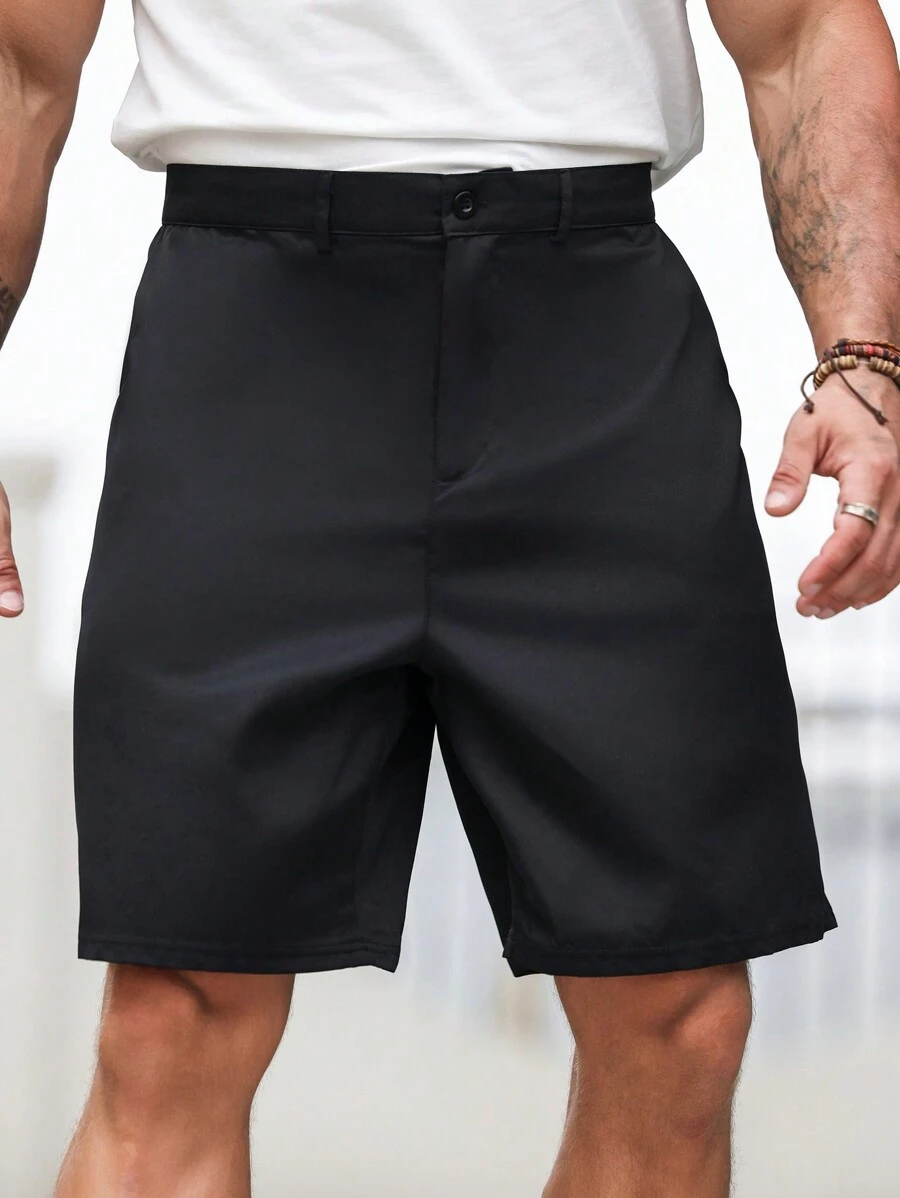 Manfinity Homme Plus size effen kleur shorts met zakken voor zomer vrijetijdskleding, effen zwart zakelijk