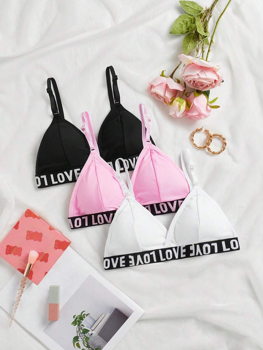 Shein Underwear&Sleepwear Basics Solid Color Bra Set With Alphabet Jacquard Straps (3pcs) Sports