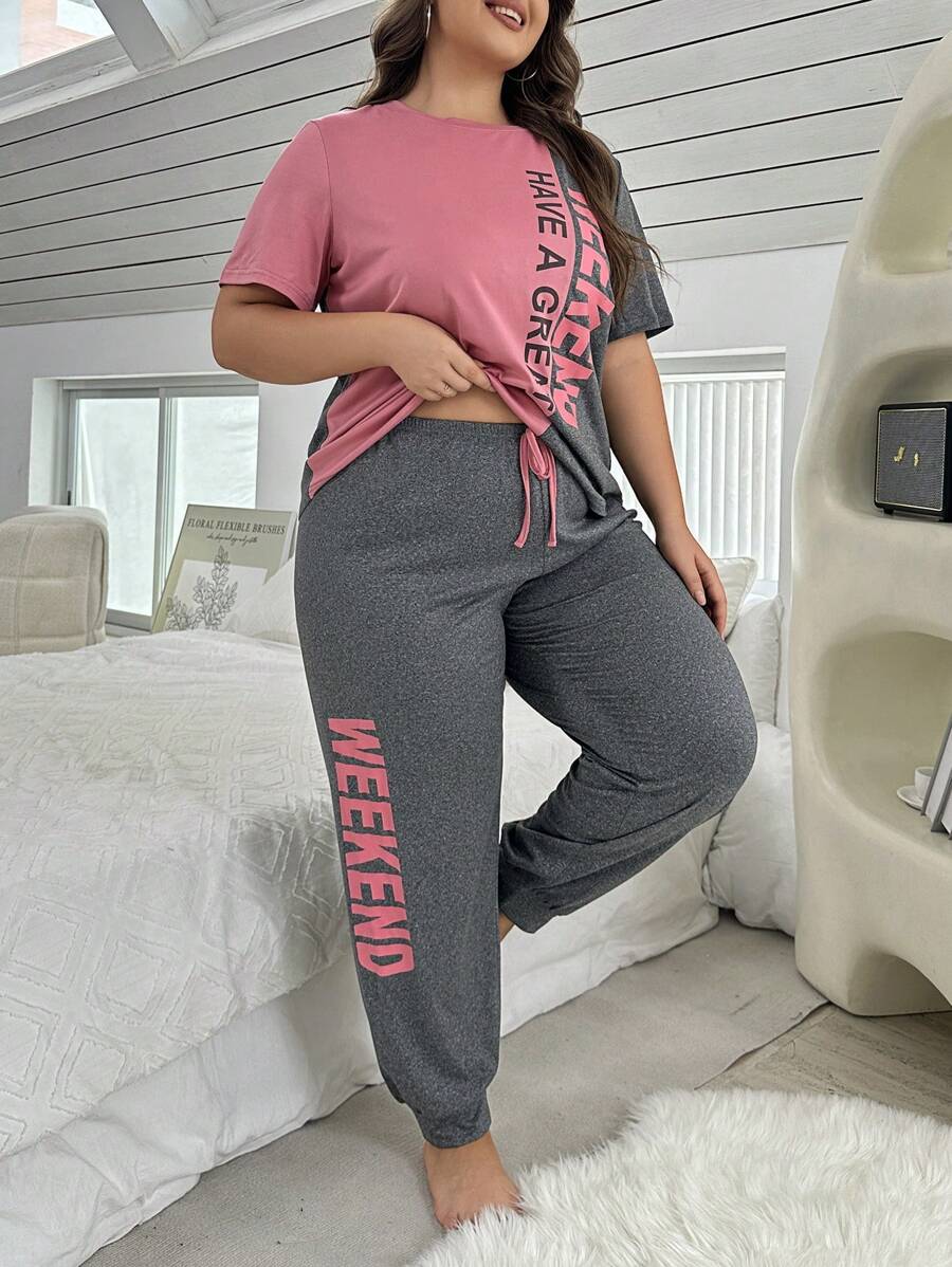 Conjunto de pijama de manga corta con pantalones largos de talla grande y estampado de letras a bloques de color