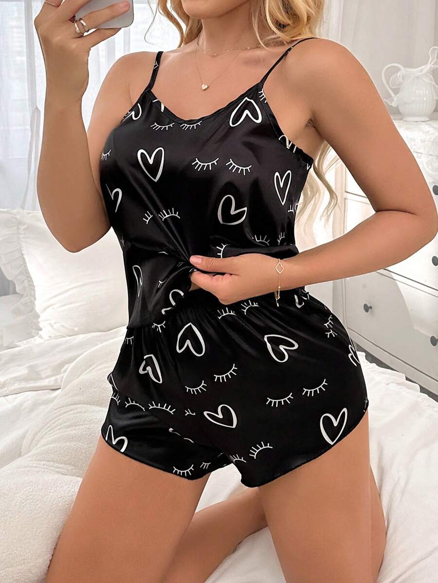 Silky Heart Eyelash Print Cami & Shorts Pajama Set