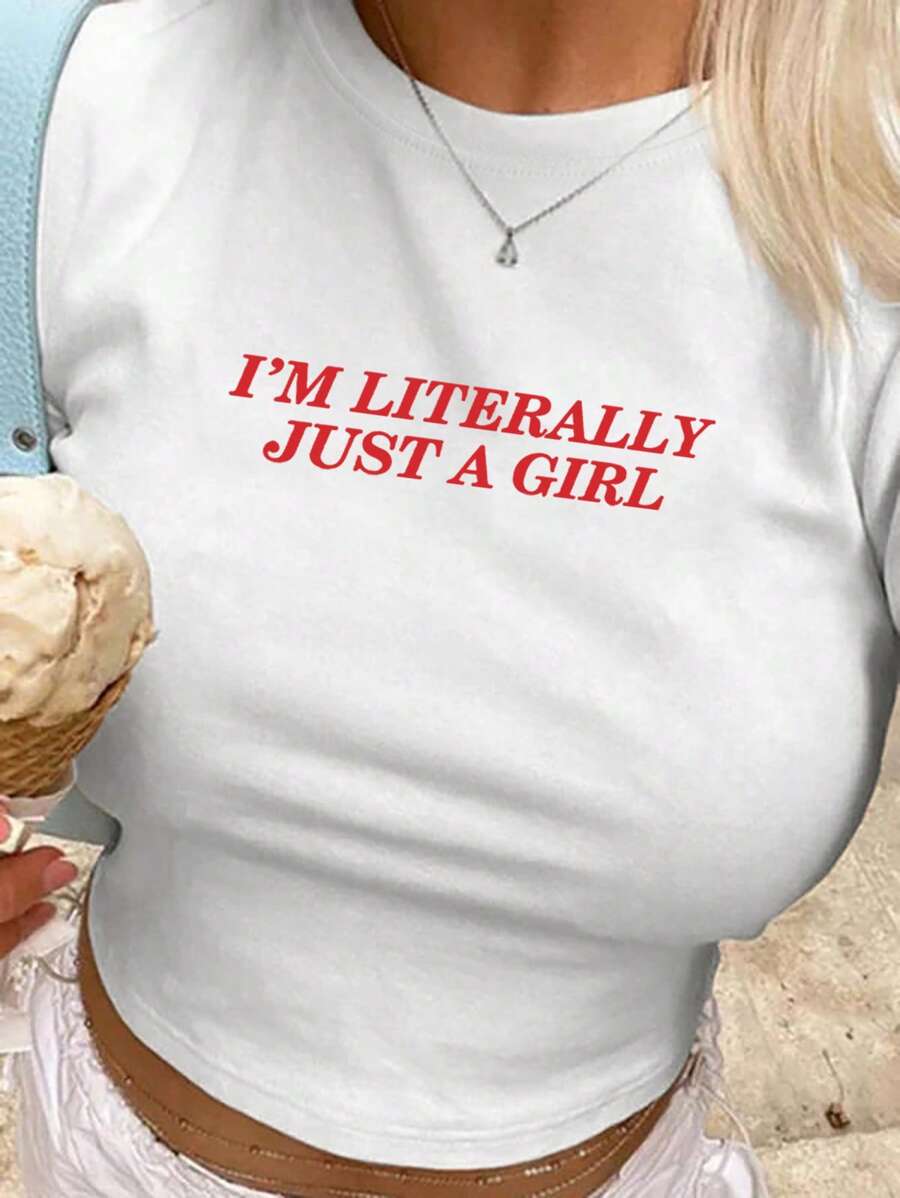 Flirla Plus Size T-Shirt Slogan Cropped Tee I'M LITERALLY JUST A GIRL Women Graphic Tee Top For Summer
