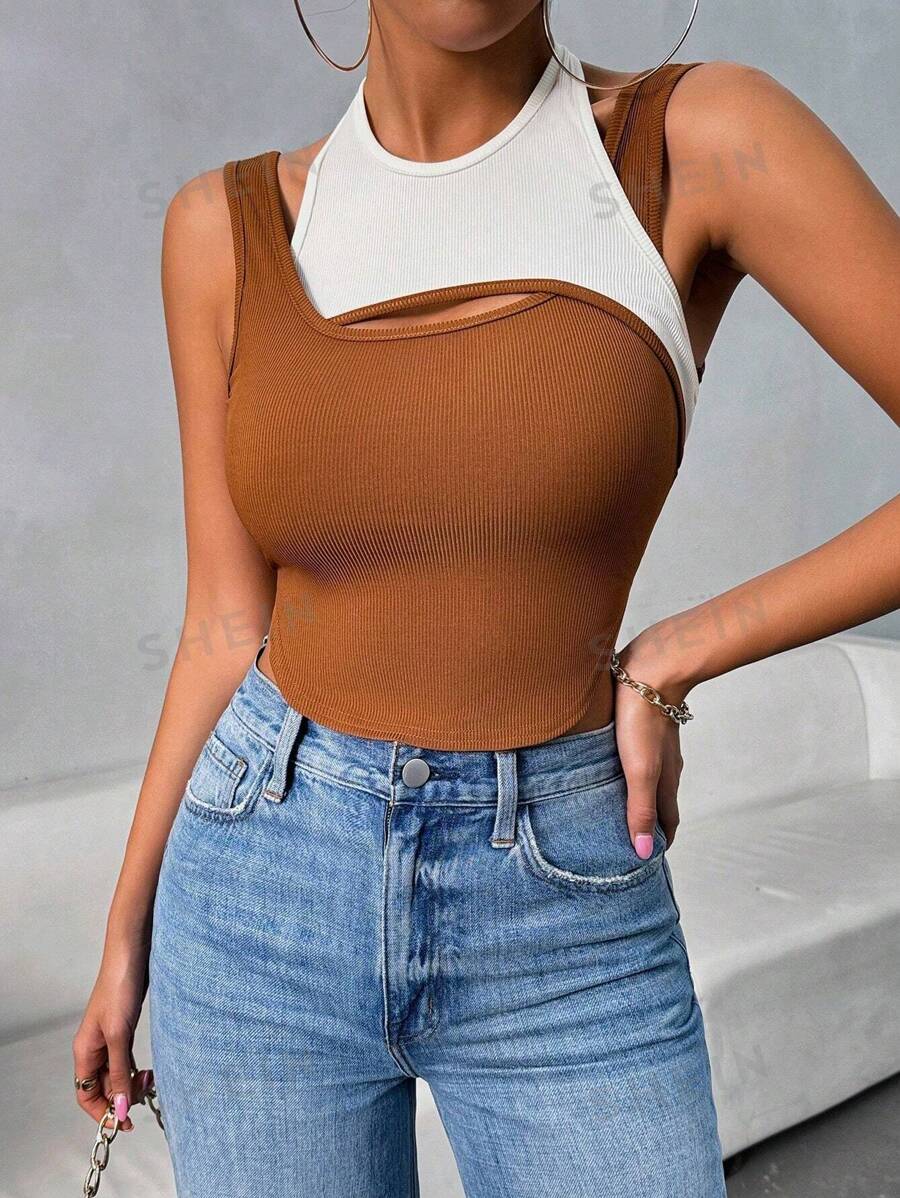 Calvaya Top de tanque sin espalda con tirantes de espagueti de bloque de color de moda para mujeres en verano