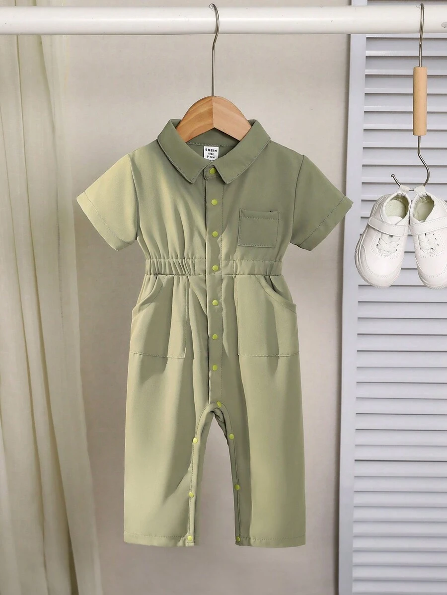 SHEIN Baby Boys' Casual And Simple Workwear Style Jumpsuit With Turn-Down Collar, Ideal For Outdoor Activities In Spring And Summer