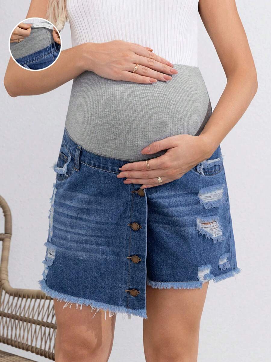 SHEIN Maternity Casual Fit Denim Shorts With Skirt Layer And Distressed Details, Blue