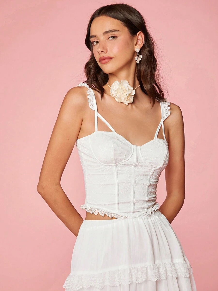 Enchnt Women's Elegant Solid Color Lace Corset Slim Fit Camisole Top, Summer