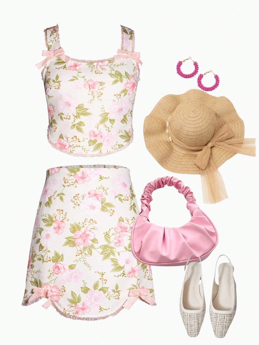 Set aus Camisole und Rock mit floralen Gesamtdruck für Teenager Mädchen, Feiertage und Lässig