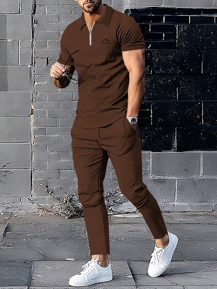 Manfinity Homme Conjunto casual de 2 piezas para hombre compuesto por camisa polo de manga corta con cremallera y pantalones largos con diseño unicolor y bolsillo para el verano