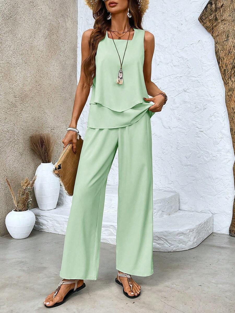 EMERY ROSE Ladies' Solid Color Simple Style Sleeveless Top And Long Pants Two Pieces Set For Daily Wear