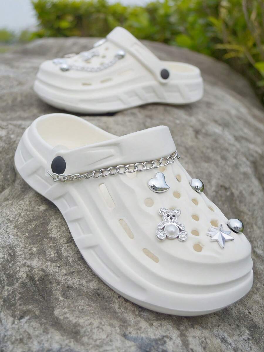 Fashionable New Silver Diamond Bear Sandals (DIY Accessories For Self-Installation), Women's Non-Slip Pool Beach Summer Home Slippers With Removable Decorative Thick-Bottomed Female Hole Shoes