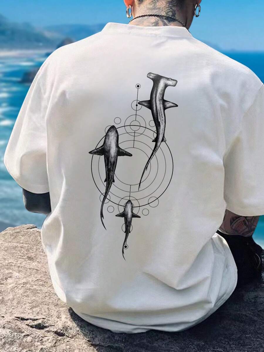 Manfinity Dauomo Men's Summer Shark Printed Round Neck Casual Short Sleeve T-Shirt