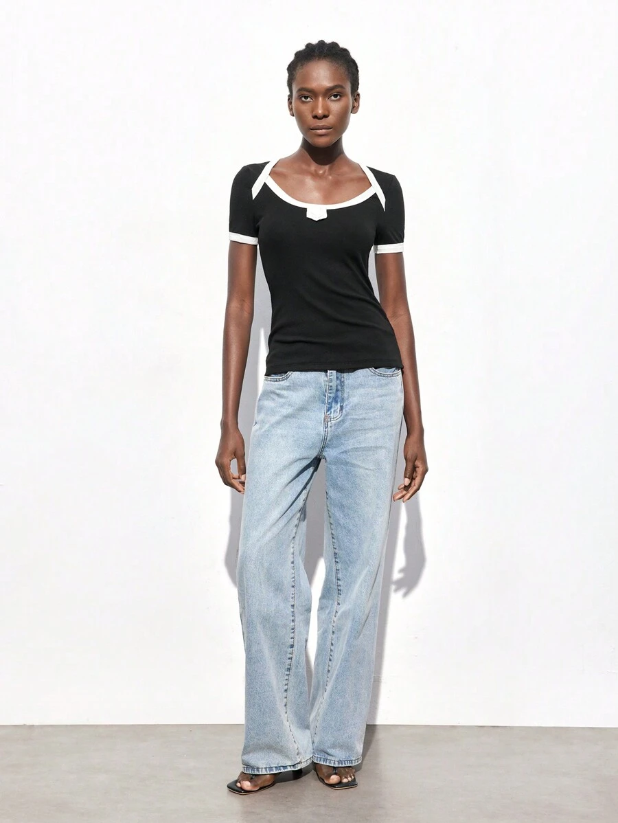Maija Camiseta informal de manga corta de corte holgado con cuello redondo y bloques de color para mujer, primavera/verano