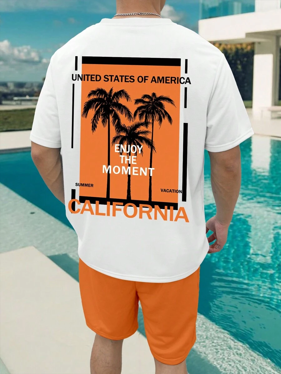 Manfinity RSRT Men's Plus Size Summer Palm Tree & Slogan Printed Round Neck Short Sleeve Casual T-Shirt And Drawstring Waist Shorts Set