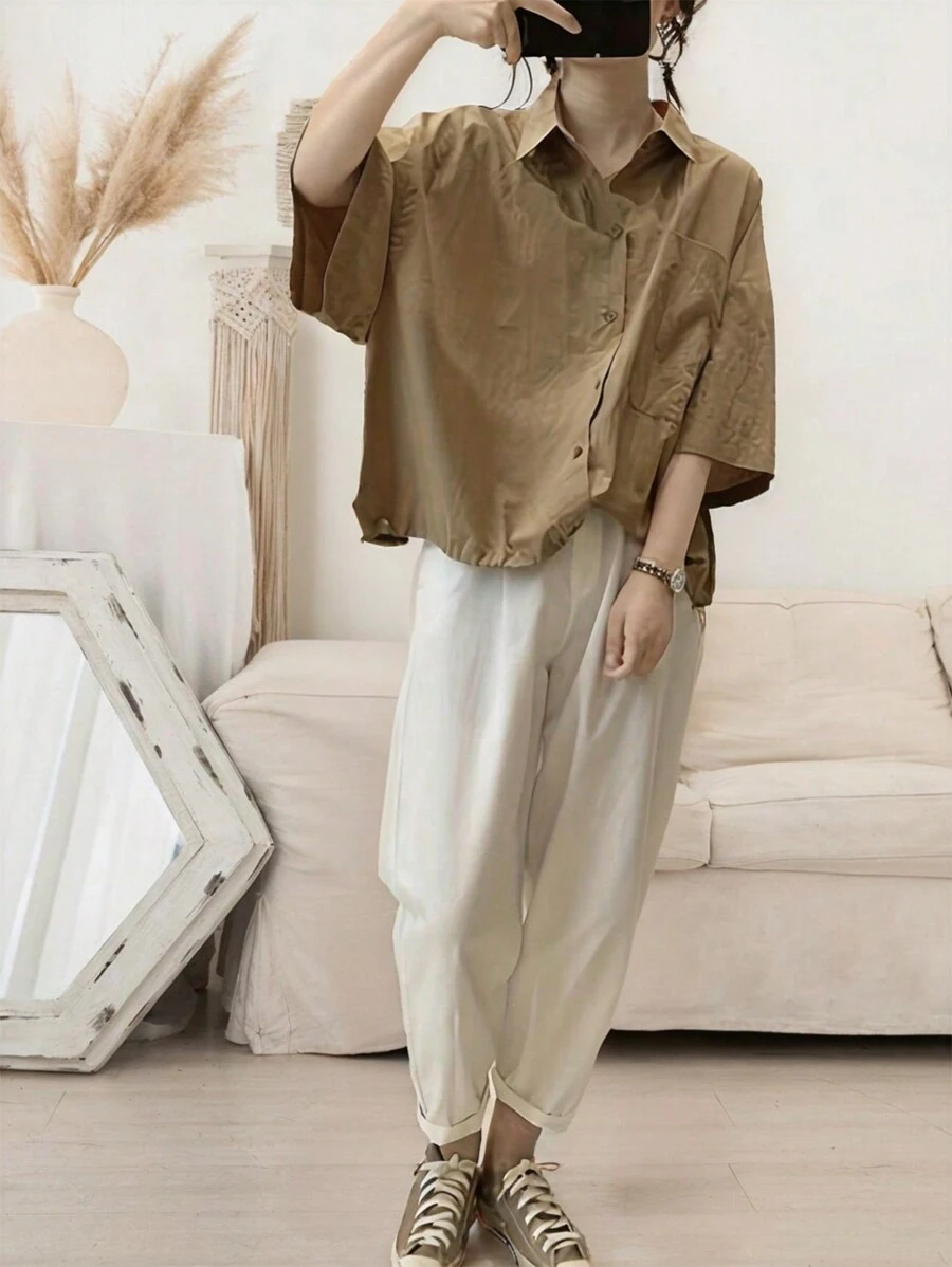 SHEIN Unity Women Loose Casual Shirt With Pocket And Drop Shoulder For Summer, Solid Color