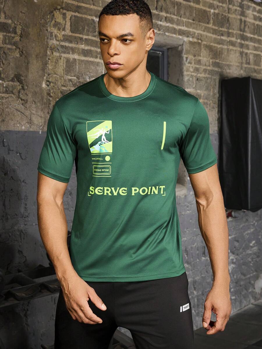 Manfinity Sport Corelite Boyfriend Style Men's Round Neck Letter Printed Summer Short Sleeve Workout T-Shirt
