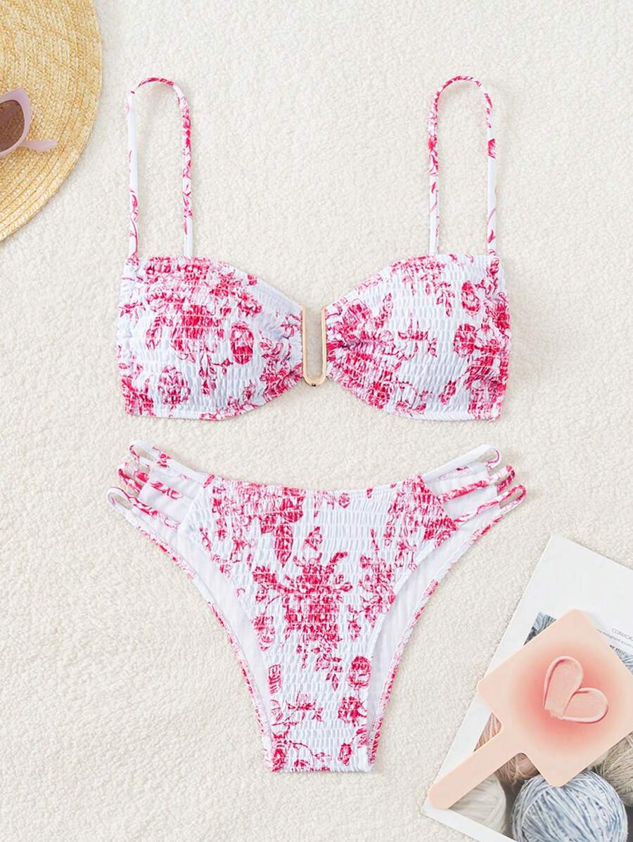 SHEIN Swim Women's Summer Beach Floral Print Halterneck Sexy Bikini Set, Random Print