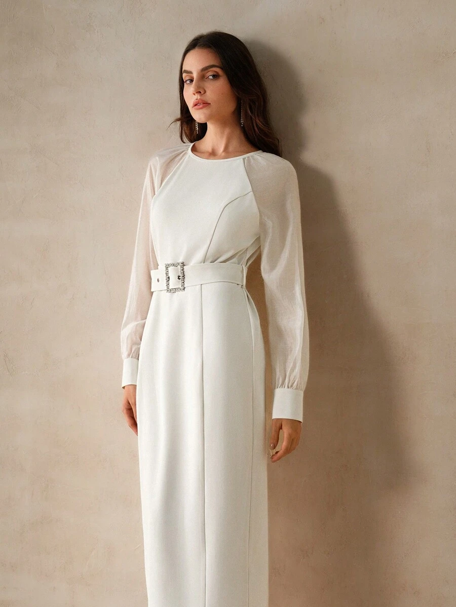 Anewsta Vintage Party Patchwork White Women's Woven Dress With Cinched Waist