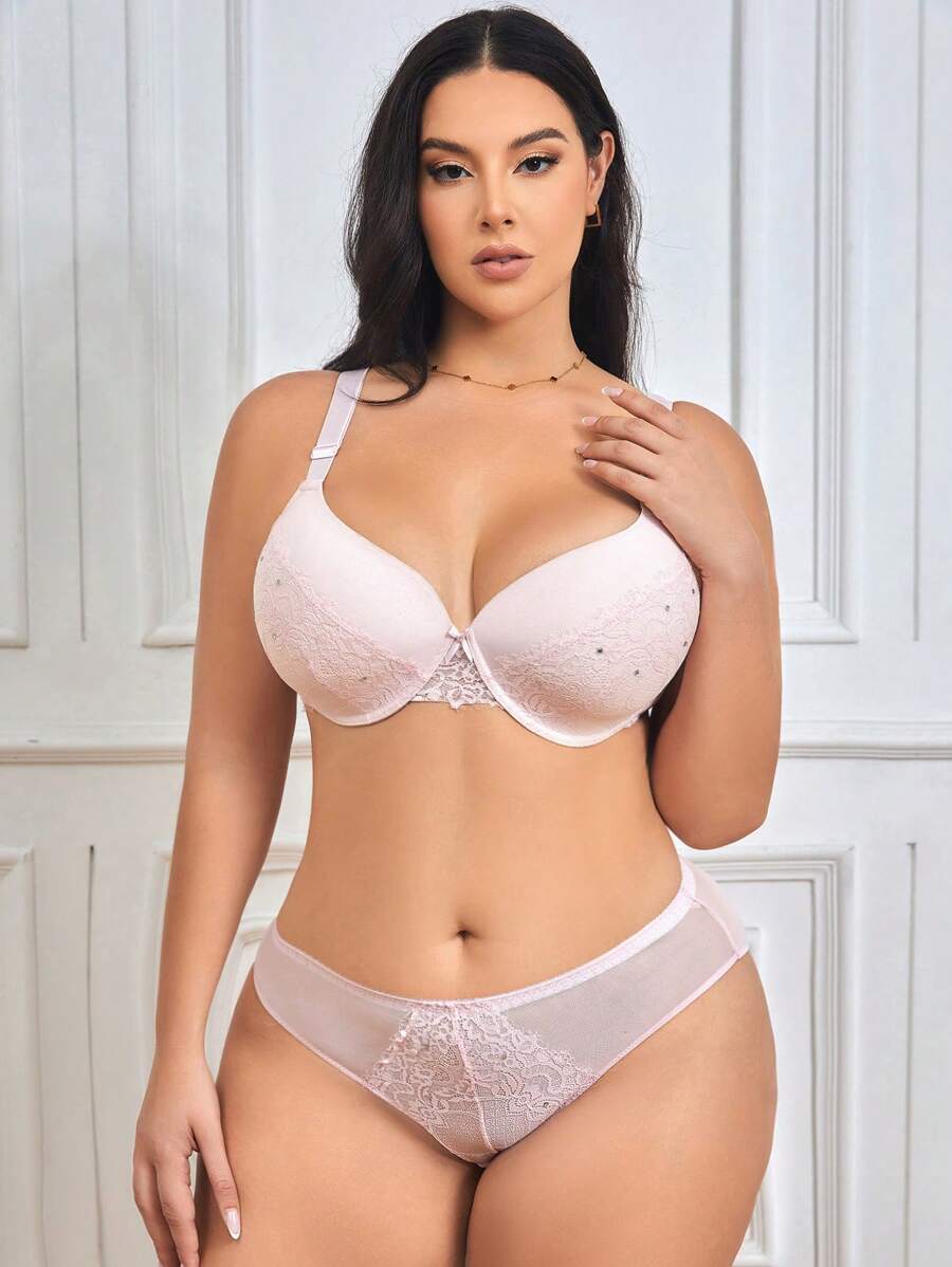 DesireSculpt Set de 2 sujetadores con aros y copas moldeadas, de encaje de pestañas y malla de color rosa, talla grande, lencería