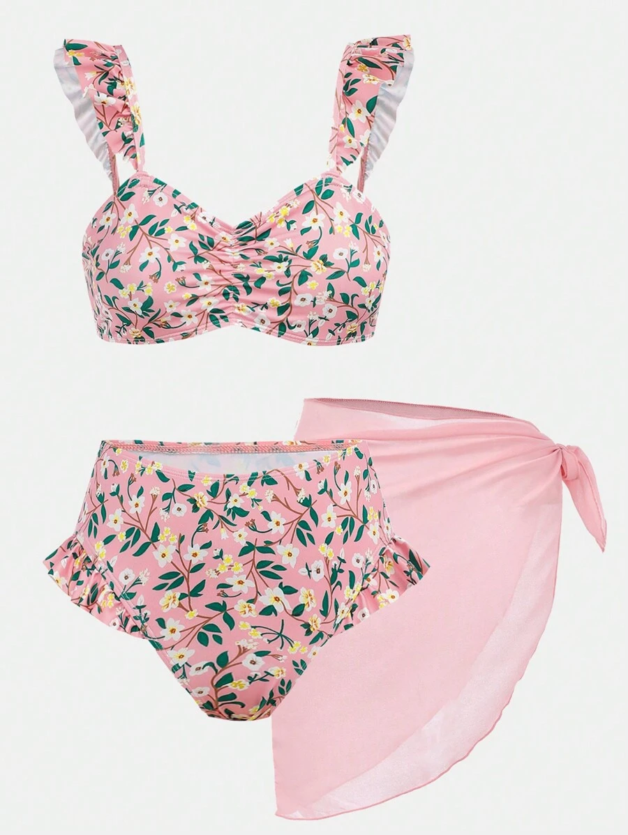 SHEIN Teen Girl Pink Ditsy Floral Mini Flutter Sleeve Bikini With Ruffle Trim And Sarong Cover-Up Set, Ideal For Beach Vacation And Swimming