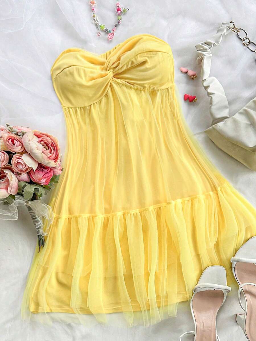 Soleia Women's Vacation Style Twist Front Mid Length Cake Dress With Knit And Mesh Layers, Romantic Country Summer Graduation And Wedding Season Cute Lunch, Light Yellow