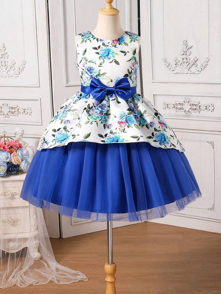 SHEIN Tween Girl Elegant Blue Party Dress With Round Neck, Sleeveless, Bowknot Decoration Suitable For Performances, Parties, Birthdays, Etc.