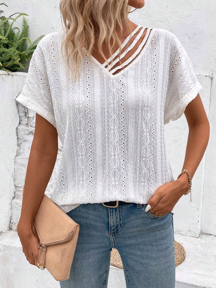 INAWLY Women's Short Sleeve Asymmetric Neckline Hollow Out Embroidered Solid Color T-Shirt