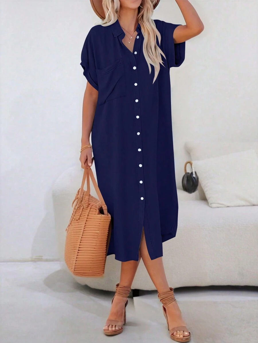 SHEIN LUNE Loose Solid Color Button Front Shirt Dress For Summer Maxi Women Outfit