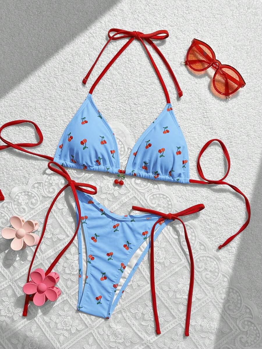 Swim Mod Set Bikini Estivo da spiaggia con stampa di ciliegie, con top con laccetto al collo halter e slip sexi per le donne