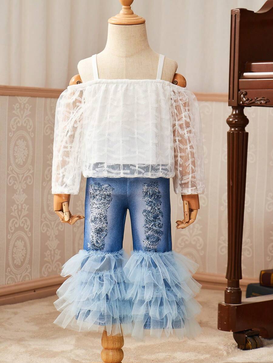 SHEIN Baby Girl Fashionable Textured Bowknot Tank Top And Multi-Layer Mesh Flare Pants Set, Suitable For Outings In Spring And Summer