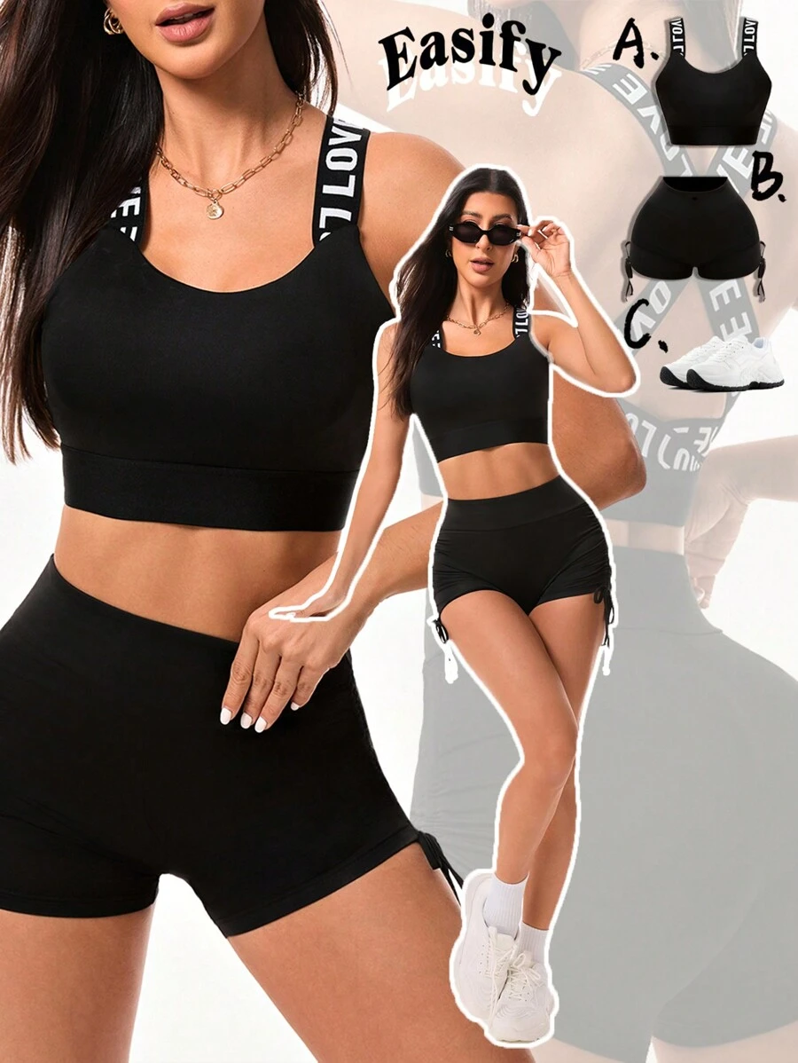 SHEIN Sport Gameset Damen Set bestehend aus kurzem Tank Top mit Buchstaben Muster und kurzen Leggings für Sportbekleidung