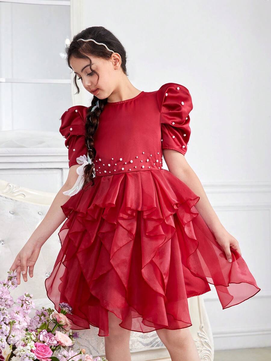 SHEIN Knielanges Tween Mädchen Pullover Kleid mit Rüschen Saum und Rundhalsausschnitt mit hübschen Perlenverzierungen